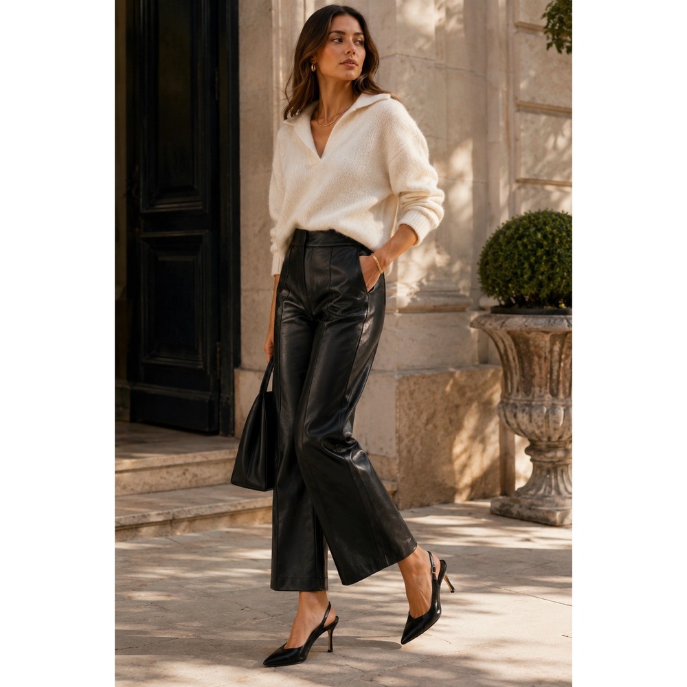 Avec Les Filles Anthropologie Faux Leather Wide Leg Crop Pants High Rise Black L